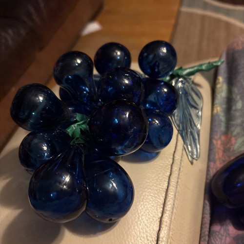 Vintage Glass Decorative Grapes Cluster Deep Blue hue with Green Leaves