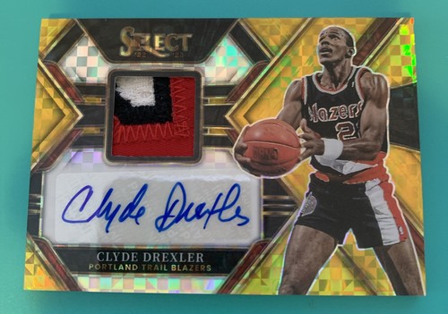 2021-22 Panini Select Gold Patch Auto Prizm Clyde Drexler 02/10 HOF PORTLAND