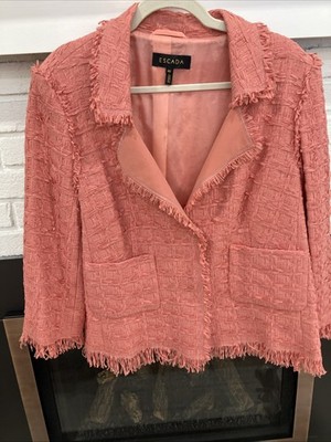 Escada EU 46 (USA 16) Pink Jacket Gorgeous Tweed Subtle Plaid W/ Fringe Trim EUC