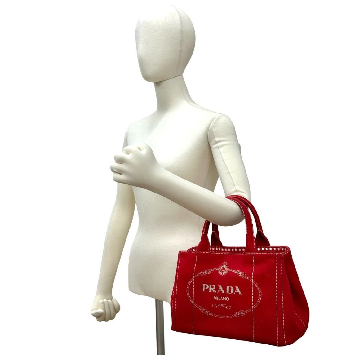 PRADA Canapa Logo Checkered Canvas 2way Handbag Mini Tote Bag Shoulder Bag Red 0 thumbnail 3