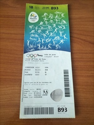 Used Ticket Olympic 18.08. 2016 Rio Olympia B93 Beach Volleyball Final Ita Bra 2