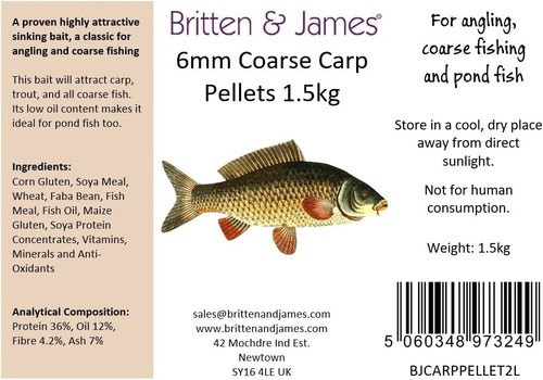 6mm Sinking Carp Pellets - 1.5kg in Reusable 2L Tub by Britten & James - Picture 6 of 8