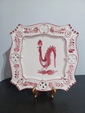 Vintage Portuguese Majolica Serving Piece With Hand Painted Red Rooster Design