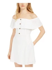 SPEECHLESS Womens White Pocketed Short Sleeve Off Shoulder Mini Fit + Flare