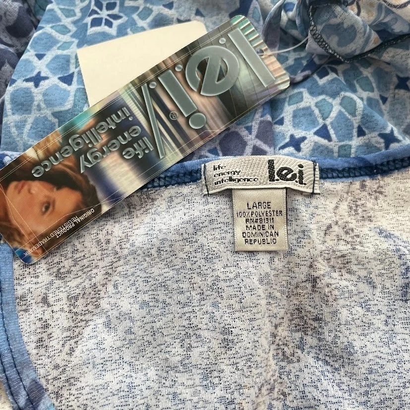Vintage Y2K 2000s NWT L.E.I Blue Abstract Sheer Long Sleeve Bell Sleeve Top Sz L - Image 4 of 4