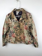 Vintage Coldwater Creek Patchwork Jacket L Jacquard Cotton Floral Tan Green A16