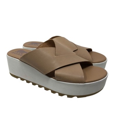 Sorel Cameron Flatform Slide Sandals Womens 8.5 Tan Leather Platform Resort