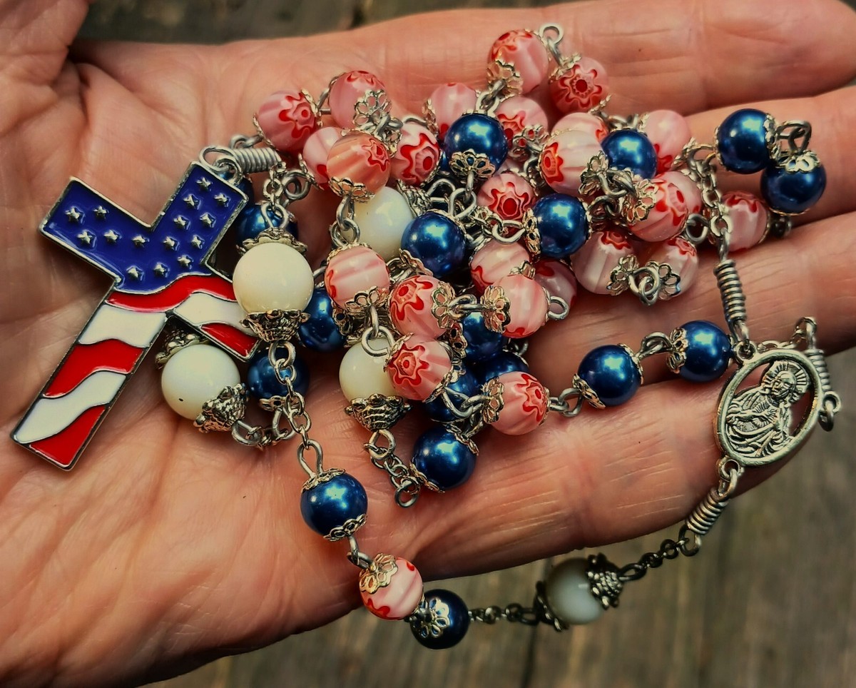 Patriotic Rosary Beads Red White Blue Pray For Our Country