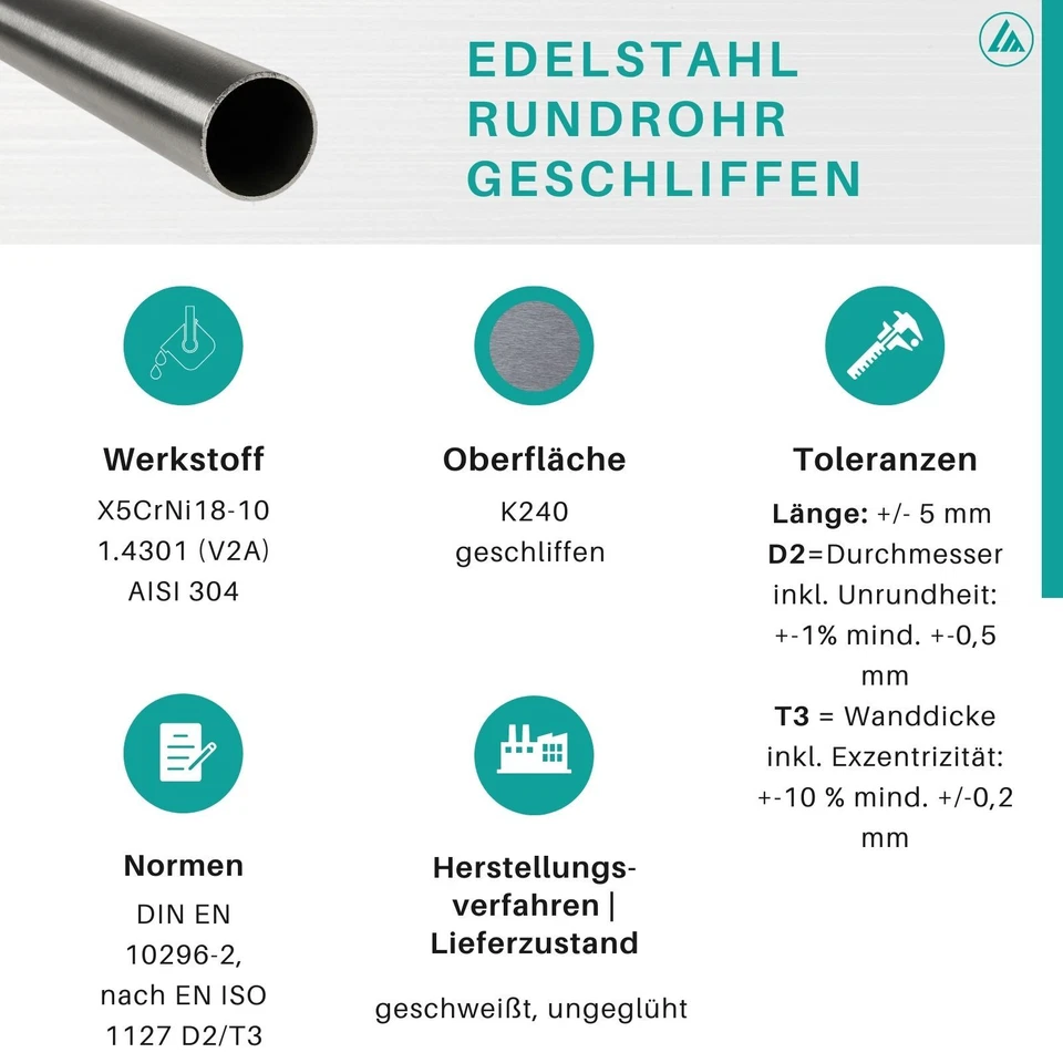 Edelstahl Rohr Handlauf Geländer Edelstahlrohr Rundrohr V2A geschliffen Pfosten - Bild 2 von 4