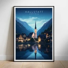 Printable digital wall art, Austria, Hallstatt Retro Travel Poster
