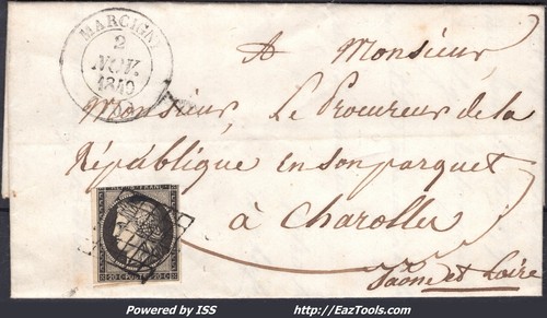 FRANCE CERES 20c N°3 SUR LETTRE GRILLE + CAD TYPE 14 MARCIGNY DU 02/11/1849