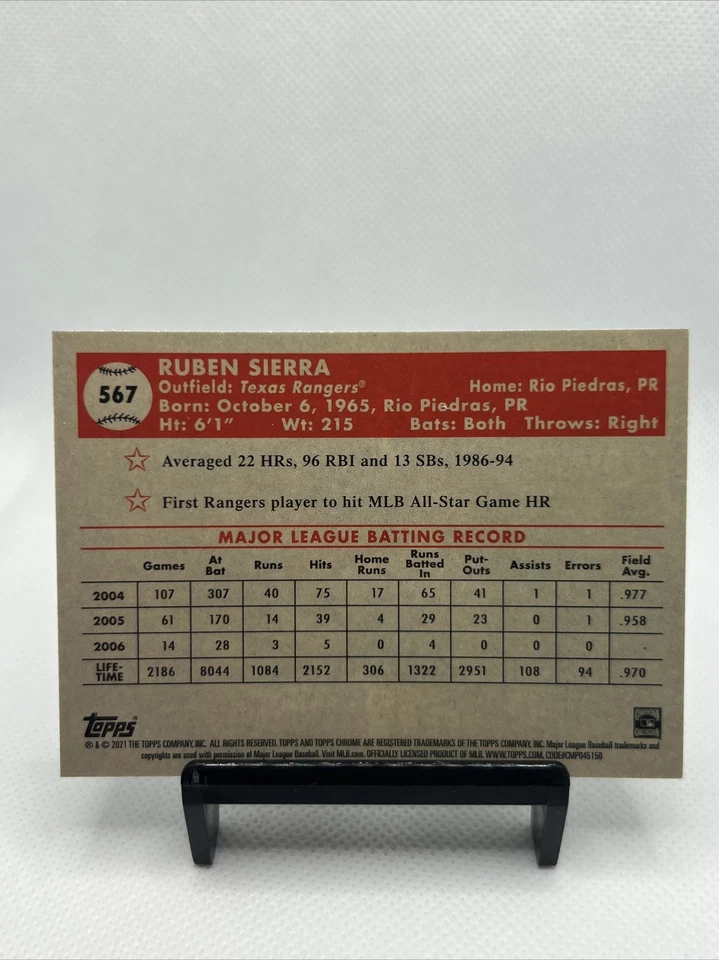 2021 Topps Chrome Platinum Anniversary Ruben Sierra Texas Rangers #567 - Image 2 of 2