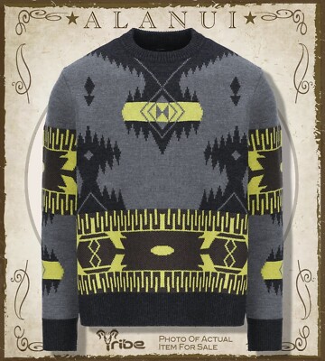 Alanui Men's $1095 Grey Virgin Wool Italian Intarsia-Knit Crew ICON Sweater NWT