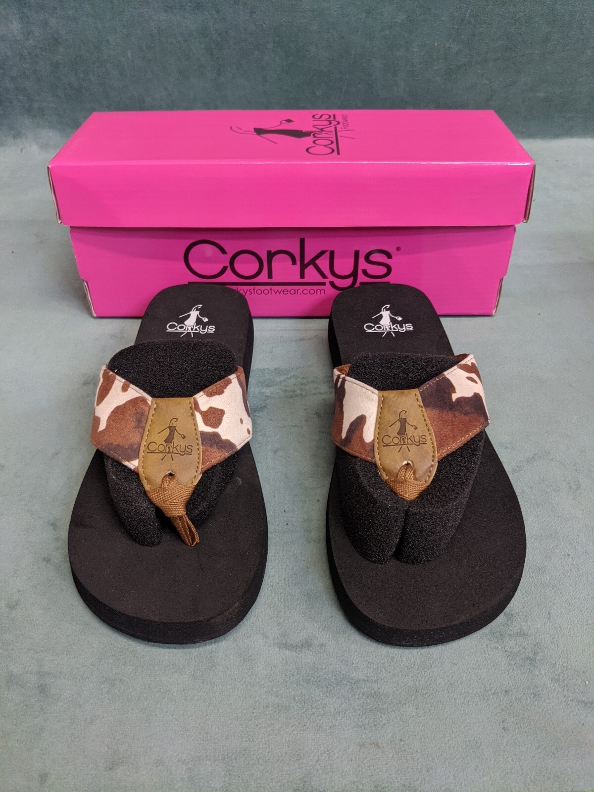 Brown Cow Print Black Corkys Flip Flops Size 10 Brand New With Box | eBay