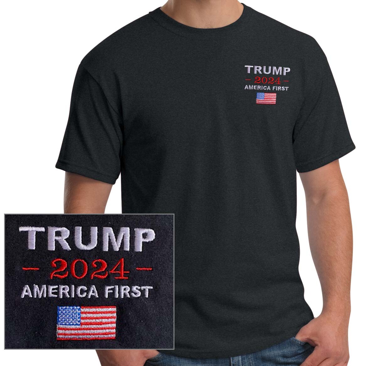 TRUMP 2024 AMERICA FIRST, EMBROIDERED BLACK T-SHIRT RED, WHITE AND BLUE
