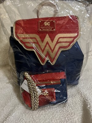 Loungefly Wonder Woman Backpack Wallet W Lasso of Truth DC Comics Blue Red  Gold
