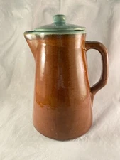 Large Heavy Vintage Water Pitcher Ceramic Lidded Glazed Brown Turquoise 10.5" H