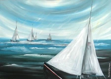 Oil painting  seascape 12"X9"  mixed media original on canvas SAILING