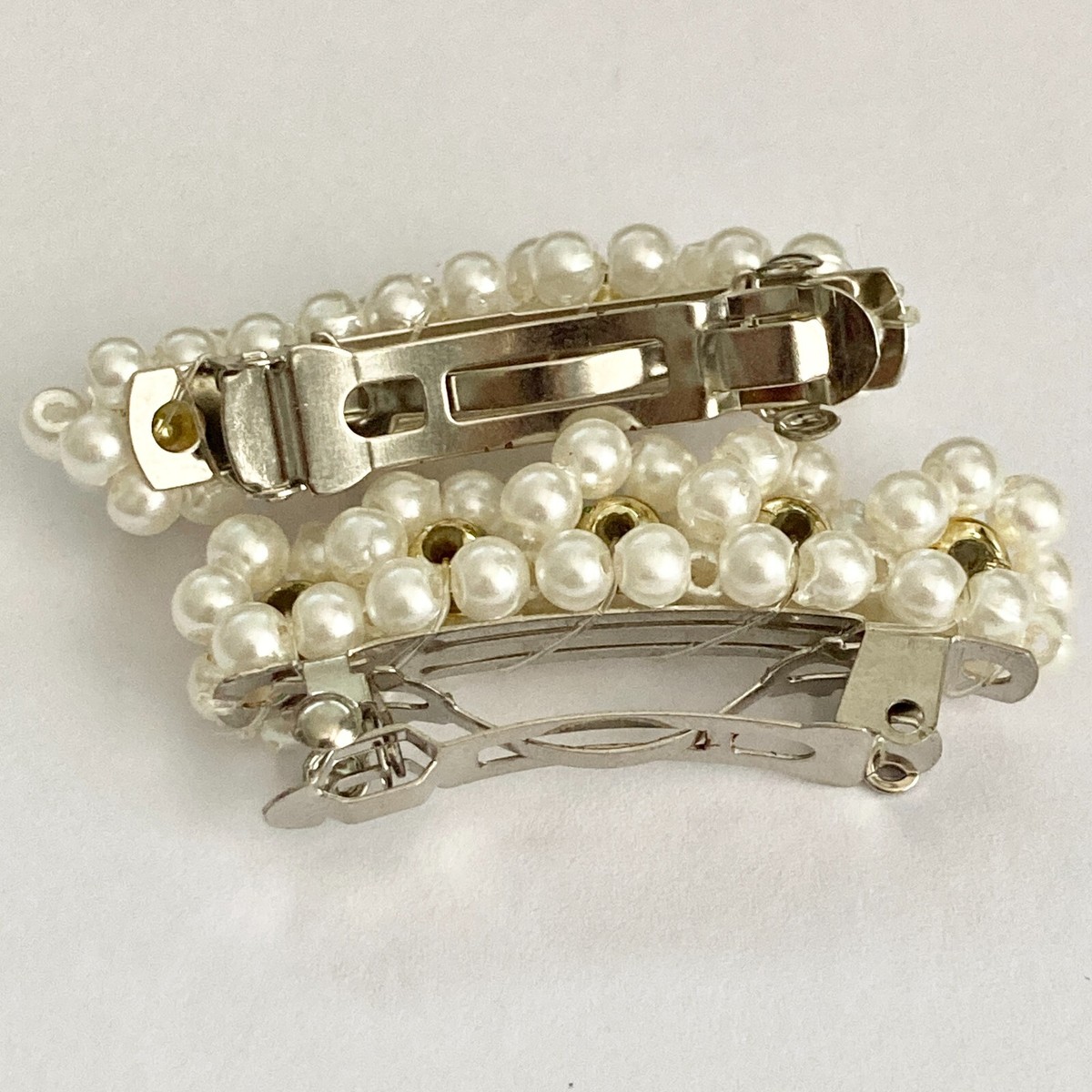 Vintage Faux Pearl Barrette Barrettes Pair White Gold Tone  display picture 1