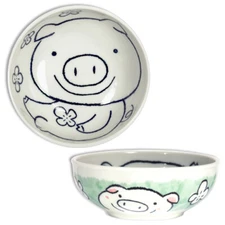 Japanese Rice Soup Cereal Salad Bowl 5.25"D Porcelain Green Pig Made in Japan