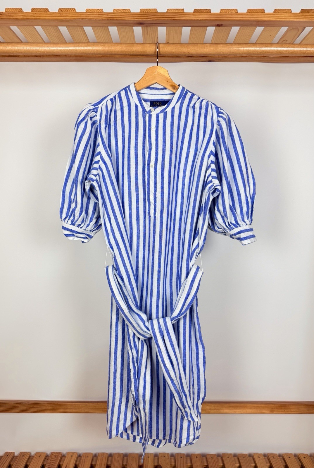 Polo Ralph Lauren Blue and White Linen Midi Shirt Dress Size 8