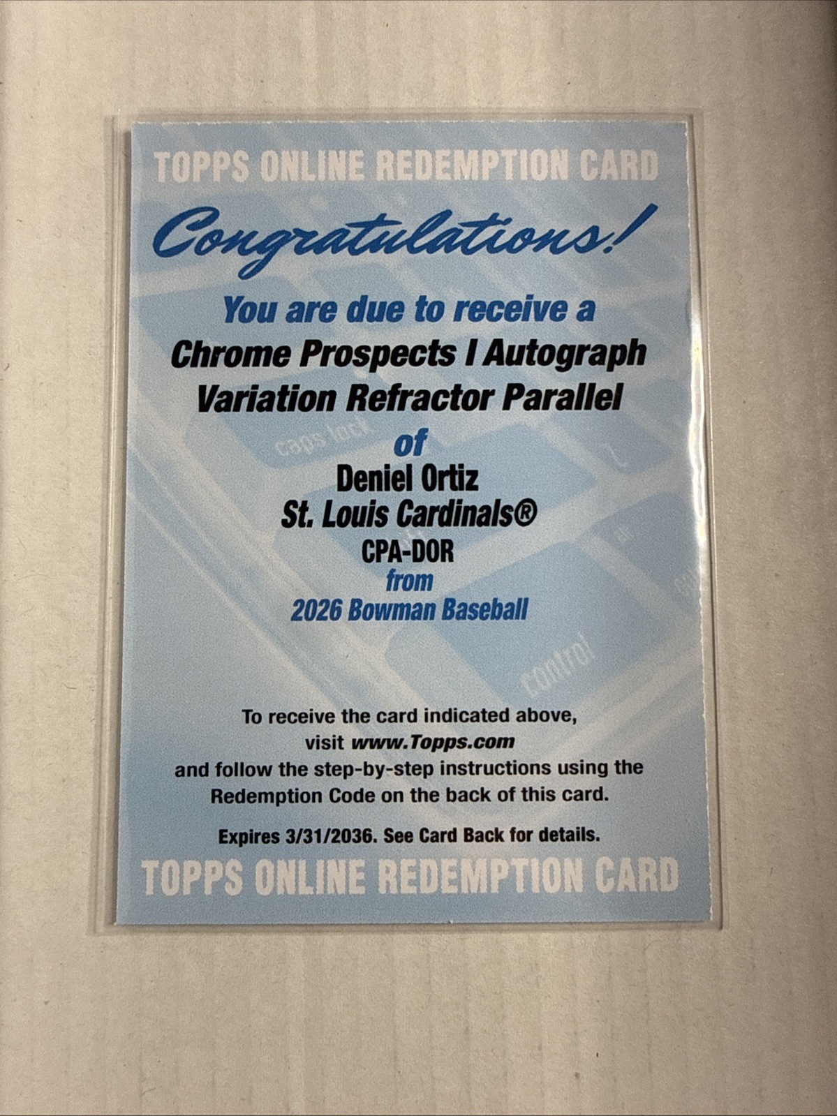 2026 Bowman Deniel Ortiz - Chrome Prospect Auto - Refractor /499 - Redemption