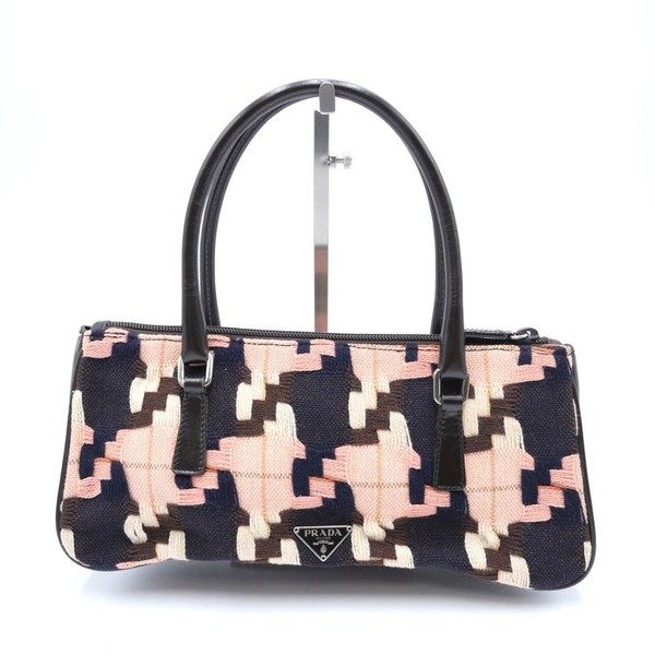 PRADA Vintage Geometric Woven Fabric Handbag Pink Navy Brown Leather