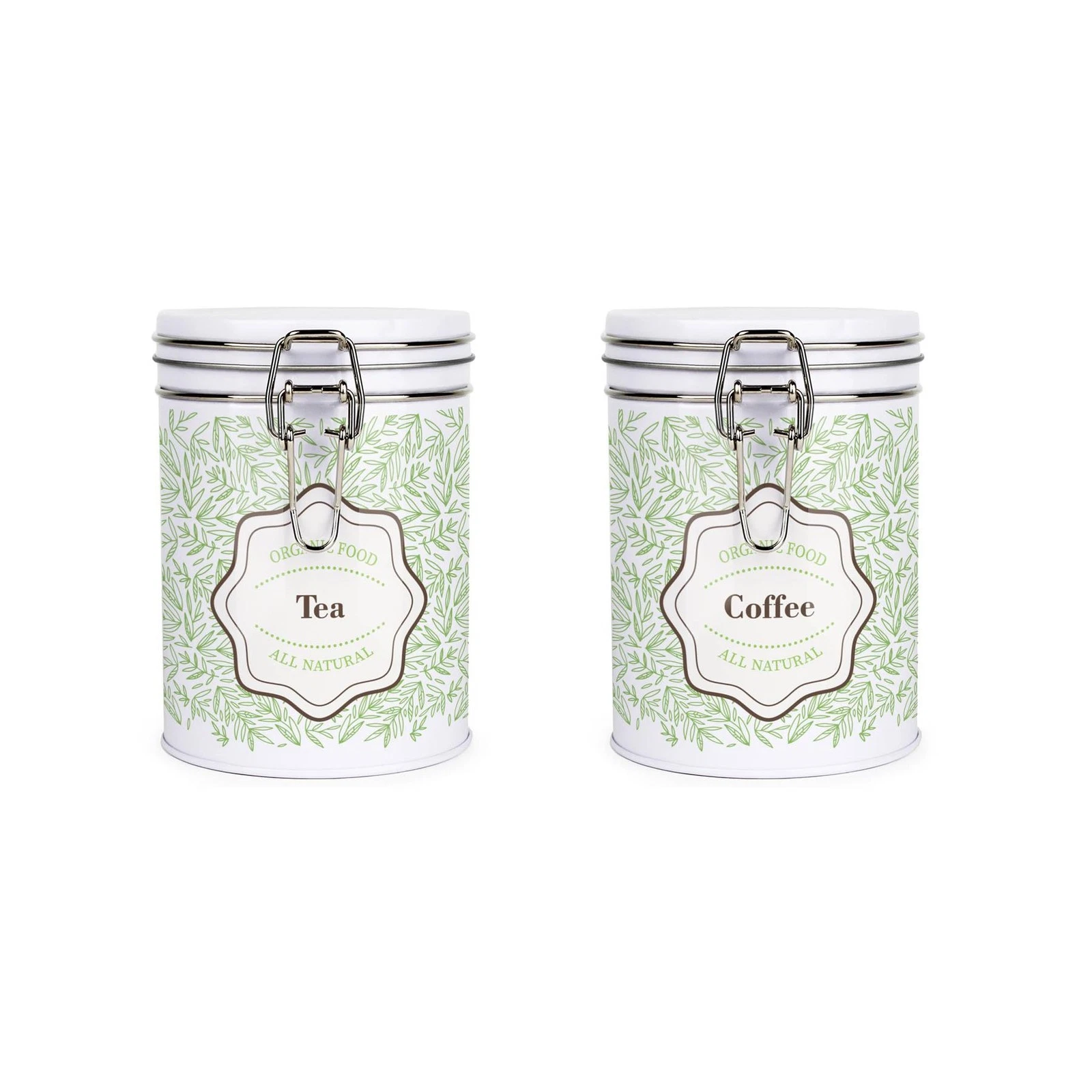 Organic Green Leaves Hot Drinks Canisters Set - Tea & Coffee Storage Tins