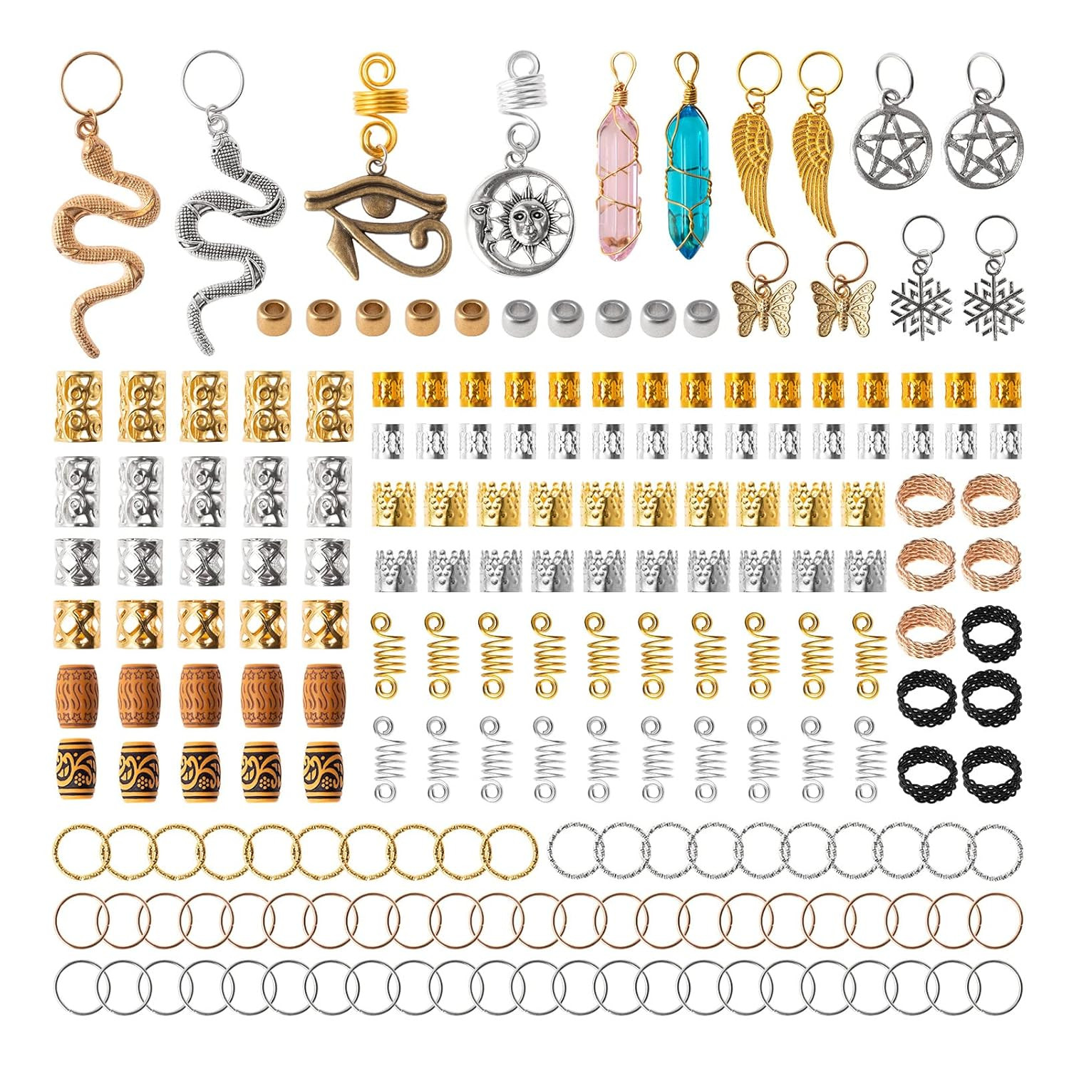 200Pcs Hair Beads Jewelry, Dreadlocks Gem Crystal Charms, Metal Coils Rings, Gol