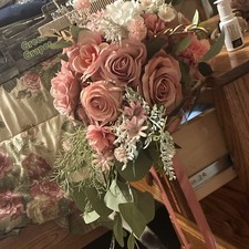Pink White Artificial Rose Bouquet Bundle w/ Greenery and Ribbon Wrap