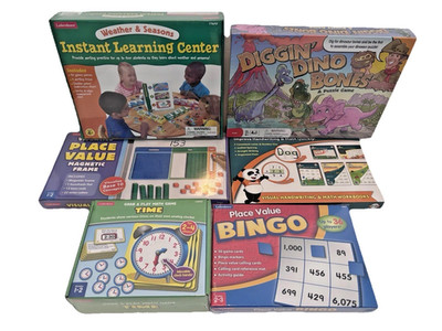 LAKESHORE Learning Math GAMES Lot Place Value TELL TIME Weather Seasons Ages 4-7