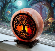 Himalayan Pink Salt Lamp Tree of Life Carved Wood Base Night Light