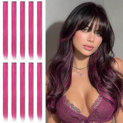SOFEIYAN 10pc Rose Red Hair Extensions 22'' Clip In Synthetic Straight DIY NWT