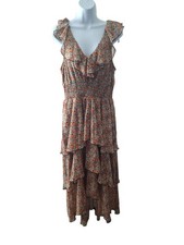 MINKPINK Floral Midi Dress Orangel MRuffle Smocked Tiered Boho Cottagecore