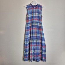 Joules 12 Blue Red Check Linen Tiered Midi Dress Half Shirt Holiday Beach Cruise