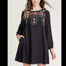 Jodifl Tunic Dress Size Small Black Floral Embroidered Long Sleeve Bohemian