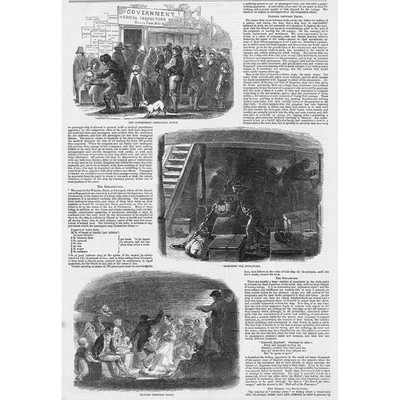 SCHIFFFAHRTSZENEN an Bord eines Auswandererschiffes - antiker Druck 1850