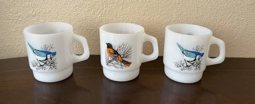 Anchor Hocking Fire-King White Milk Glass D-Handle Coffee Mugs Birds Lot of 3