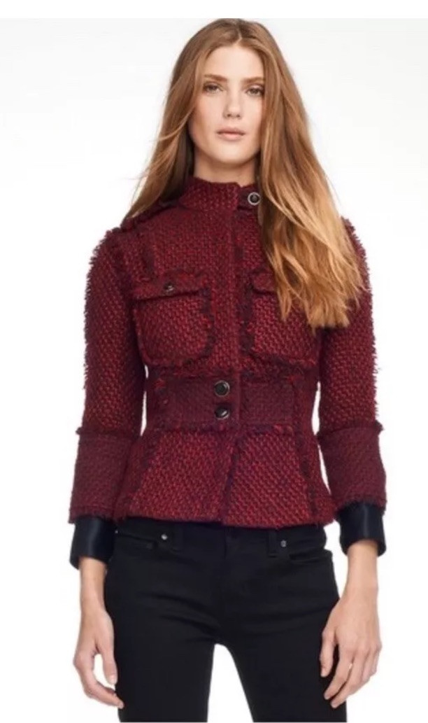 Tory Burch Kington Tweed Jacket Size 8 Women Red Travel Preppy Jacket