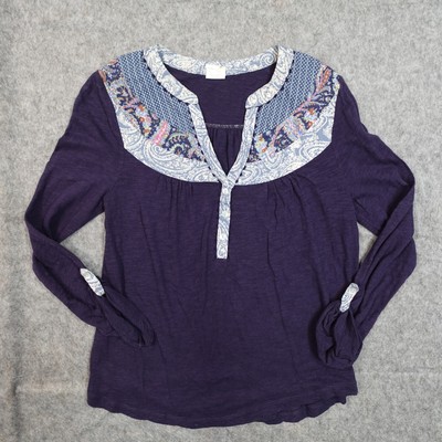Anthropologie Top Womens XS? Akemi Kin Paisley Boho Roll Tab Sleeve Navy V-Neck