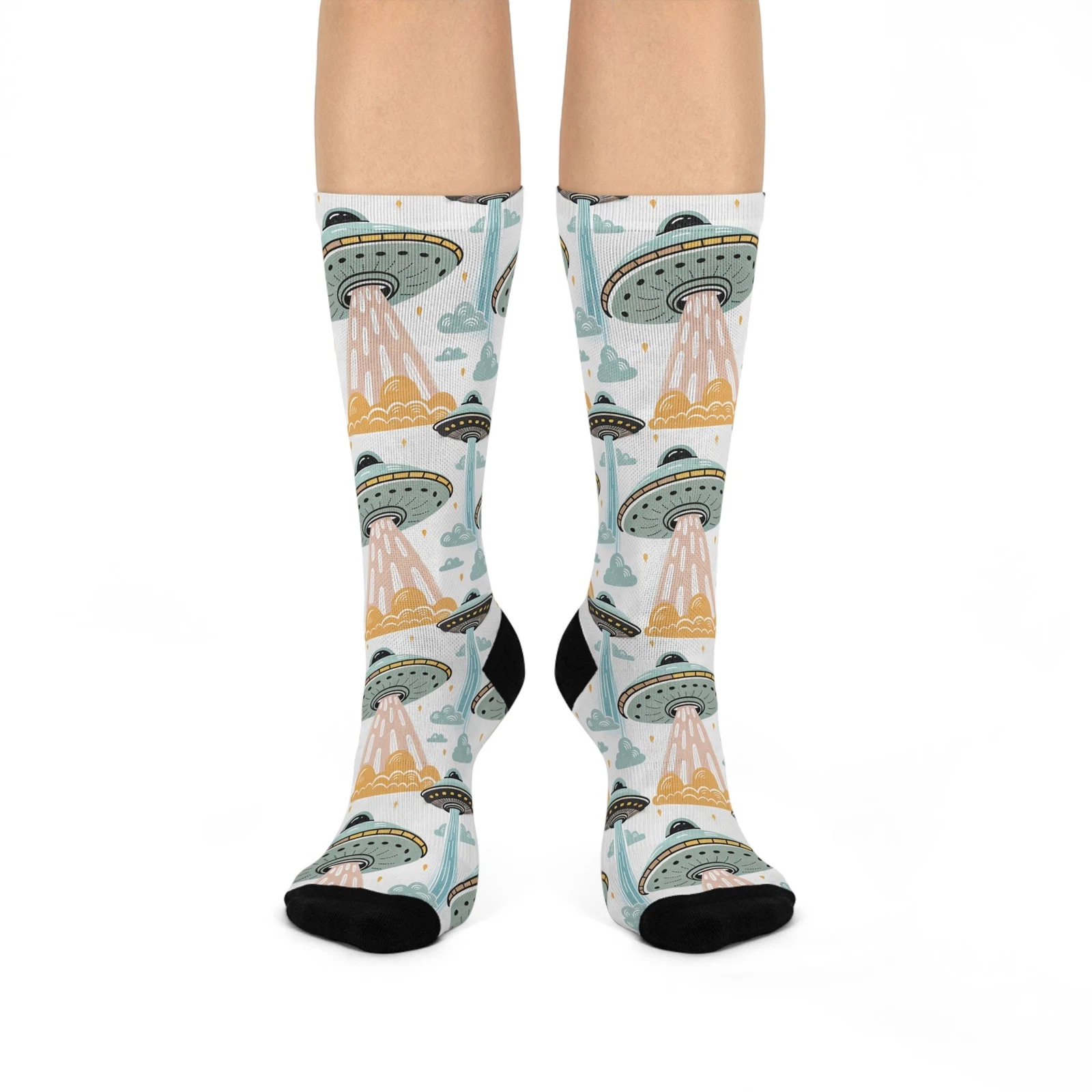 UFO Crew Socks, Alien Spaceship Footwear, Fun Sci-Fi Socks