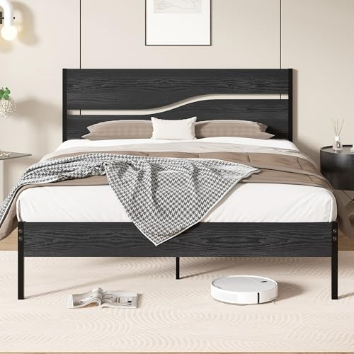 Queen Size Platform Bed Frame with Wood Headboard and Sturdy Metal Frame
