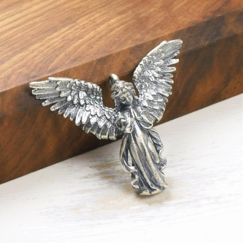Antiguo colgante de ángel de oración de plata de ley 925 con alas abiertas único Foto 4 de 4