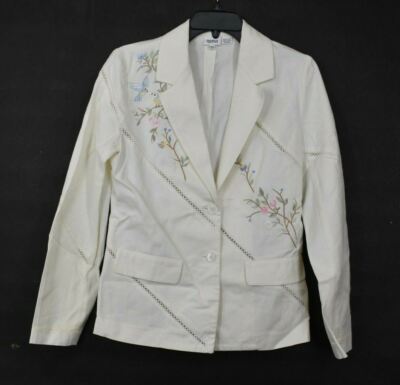 Together Womens Embroidered Flower & Bird Notch Collar White Cotton Blazer 6