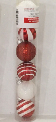 ASHLAND TINY TREASURES MINI 1.5'' ORNAMENTS SET OF 6 RED WHITE STRIPE FREE SHIP