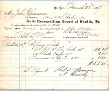 Metropolitan Board of Health NYC 1867 "Expenses Incurred" Billhead