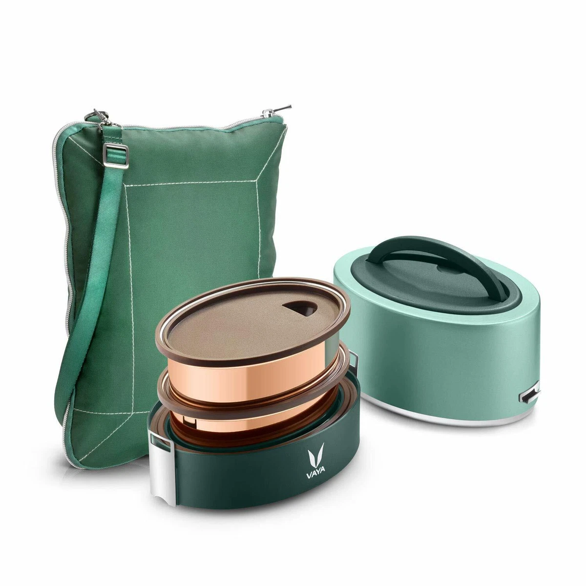 Vaya Tyffyn Green Copper Finished Steel Lunch Box with Bagmat 600ml 2 Containers
