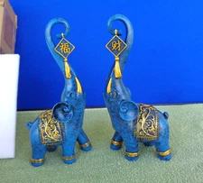 Set of 2 DovDov Blue Black & Gold 9" Tall Elephant Figurines- Trunk, Head Up NIB