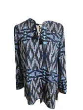 Collective Concepts tunic Boho Blue,Pink,&black Long Sleeve W/Tassel Tie, Large