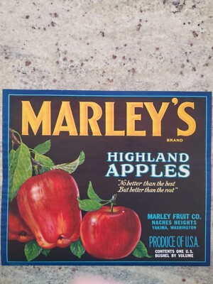 MARLEY'S Full Size apple crate label MARLEY FRUIT Company Yakima SLIGHTLY WAVY